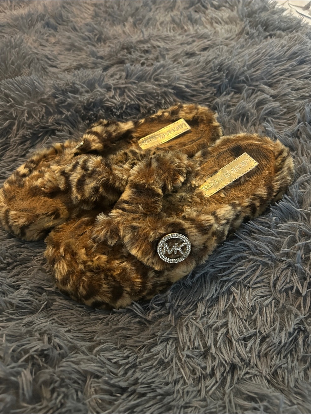 Michael Kors Leopard-Print Faux Fur Slide Slippers with MK Medallion